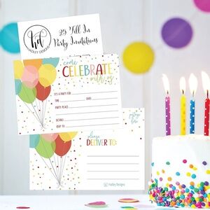 Hadley Designs 25 Rainbow Balloons Celebrate Party Invitations Blank Fill In